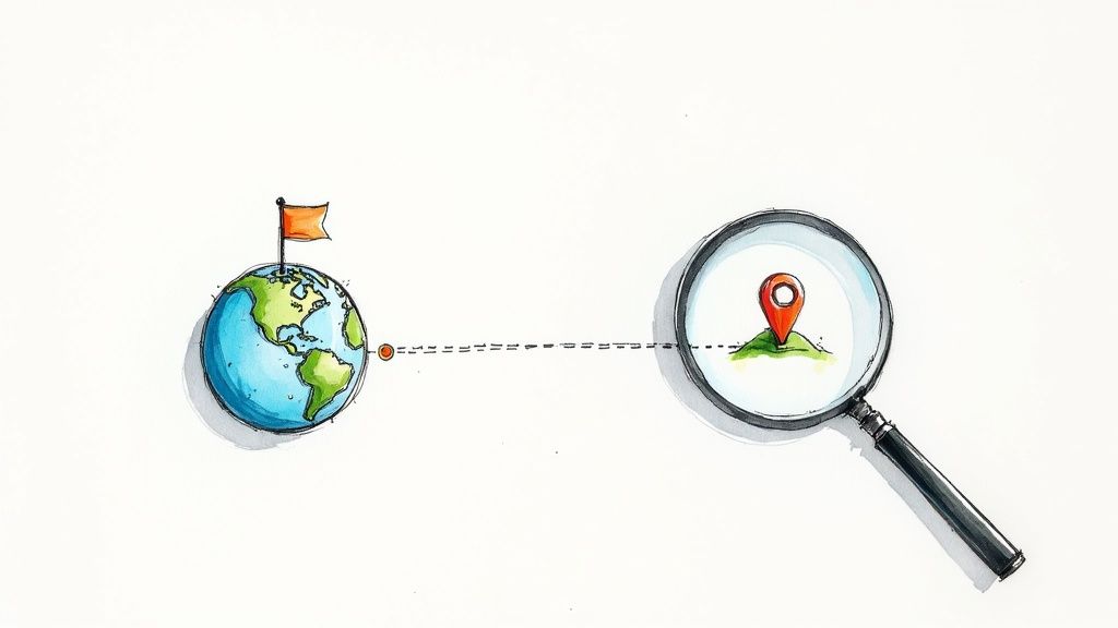 A digital map with pins in various countries and a magnifying glass over a specific city, symbolizing global and local market analysis.