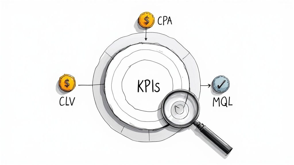 A visual representation of key performance indicators displayed on a dashboard, illustrating the process of selecting meaningful metrics for client reporting.