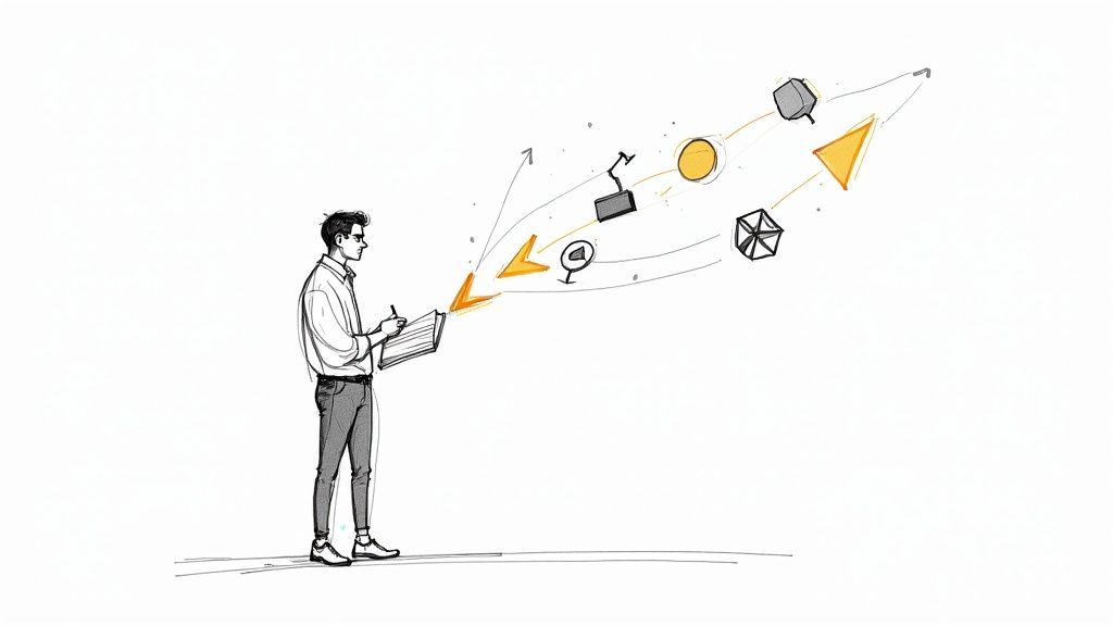 A person at a desk analyzing charts and data on multiple computer screens, representing competitive intelligence research