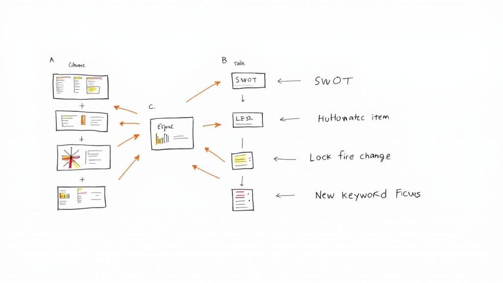 A strategic analysis workflow diagram showing SWOT, data compilation, and an 'Ergon' system.