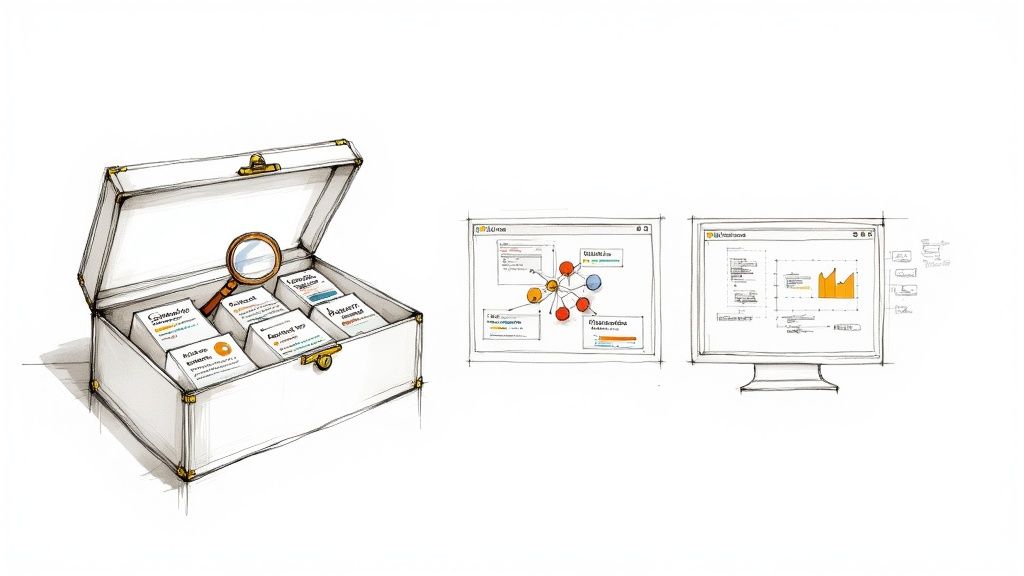 Toolbox with competitor analysis cards and computer screens displaying marketing data and charts