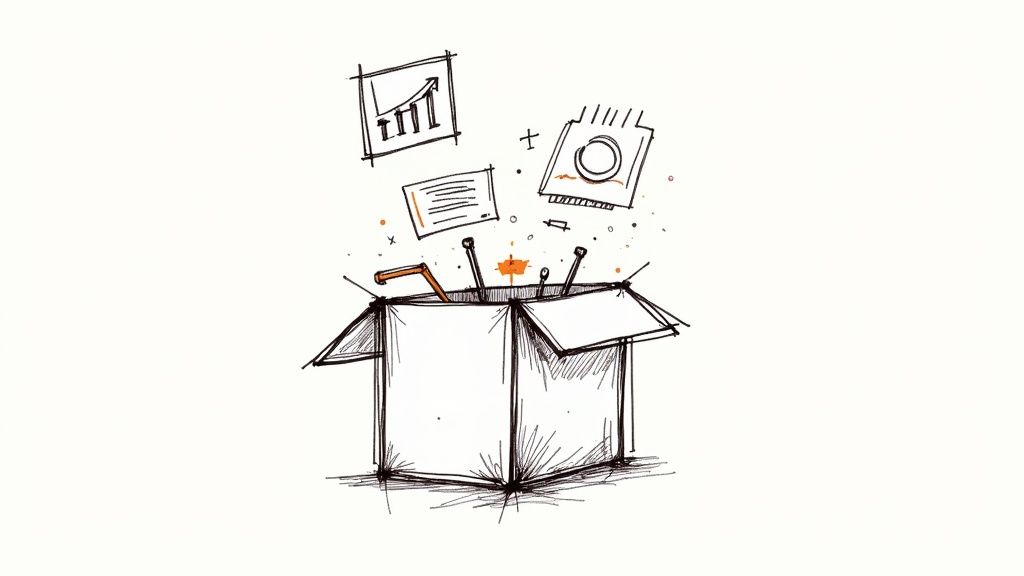 A collection of digital tool icons like graphs, magnifying glasses, and charts arranged neatly on a screen, representing a tech toolkit.