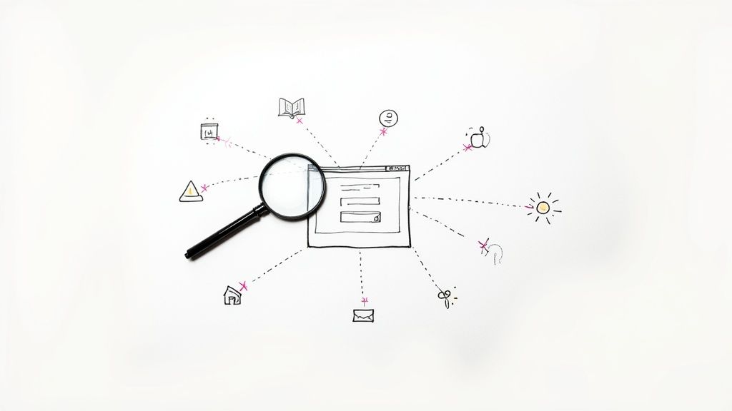 Magnifying glass analyzing website with icons showing search engine optimization research and digital marketing