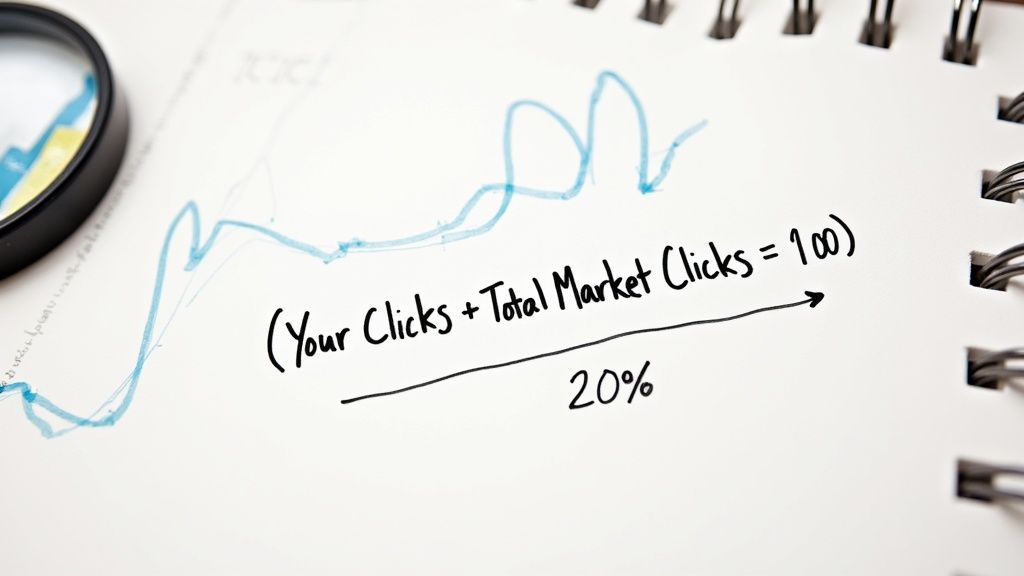 A calculator and charts on a desk, representing the calculation of SEO share of voice.