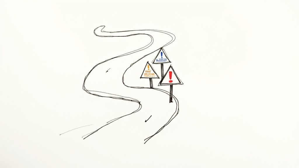 A visual with warning signs or common pitfalls laid out on a strategic map to represent the mistakes in backlink gap analysis.