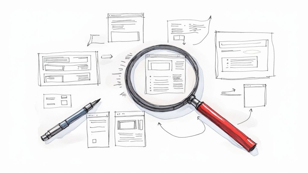 A magnifying glass hovering over a computer screen, symbolizing the analysis of competitor data.