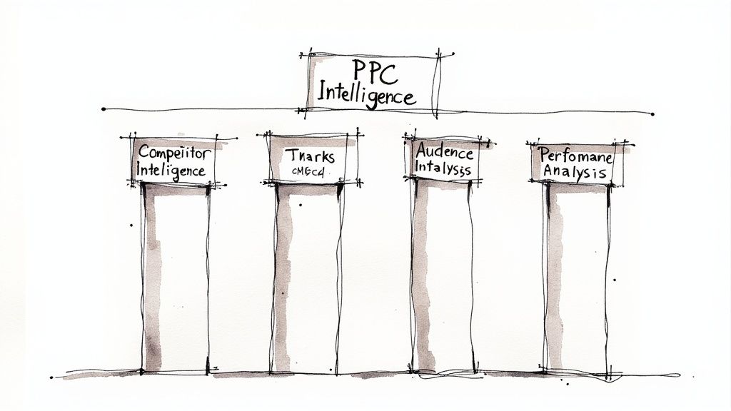 Four geometric pillars supporting a glowing data orb, symbolizing the four components of PPC intelligence.