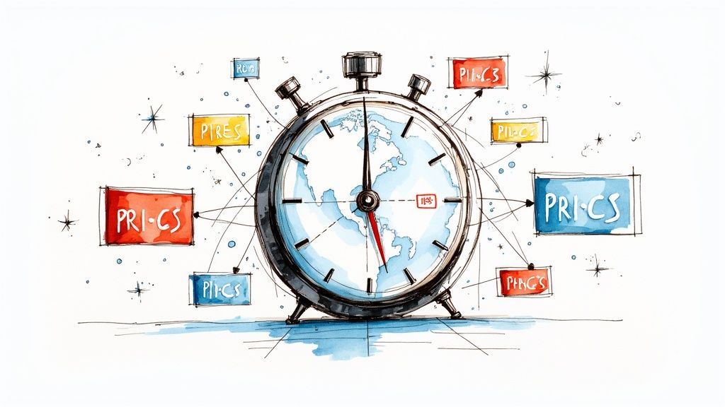 A retail store aisle with a person using a smartphone to compare prices, symbolizing the shift to digital price monitoring.