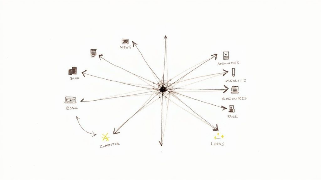 Hand-drawn diagram showing website content structure radiating from center with labeled categories and navigation elements