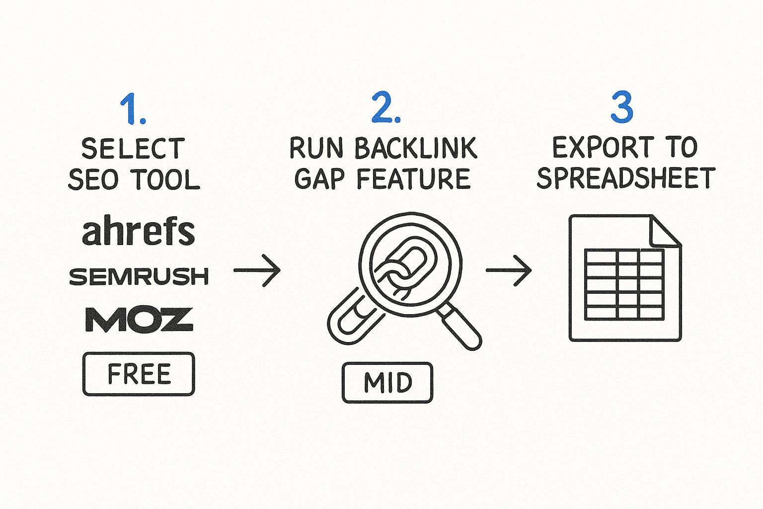 Infographic showing the three-step process for backlink gap analysis using SEO tools.