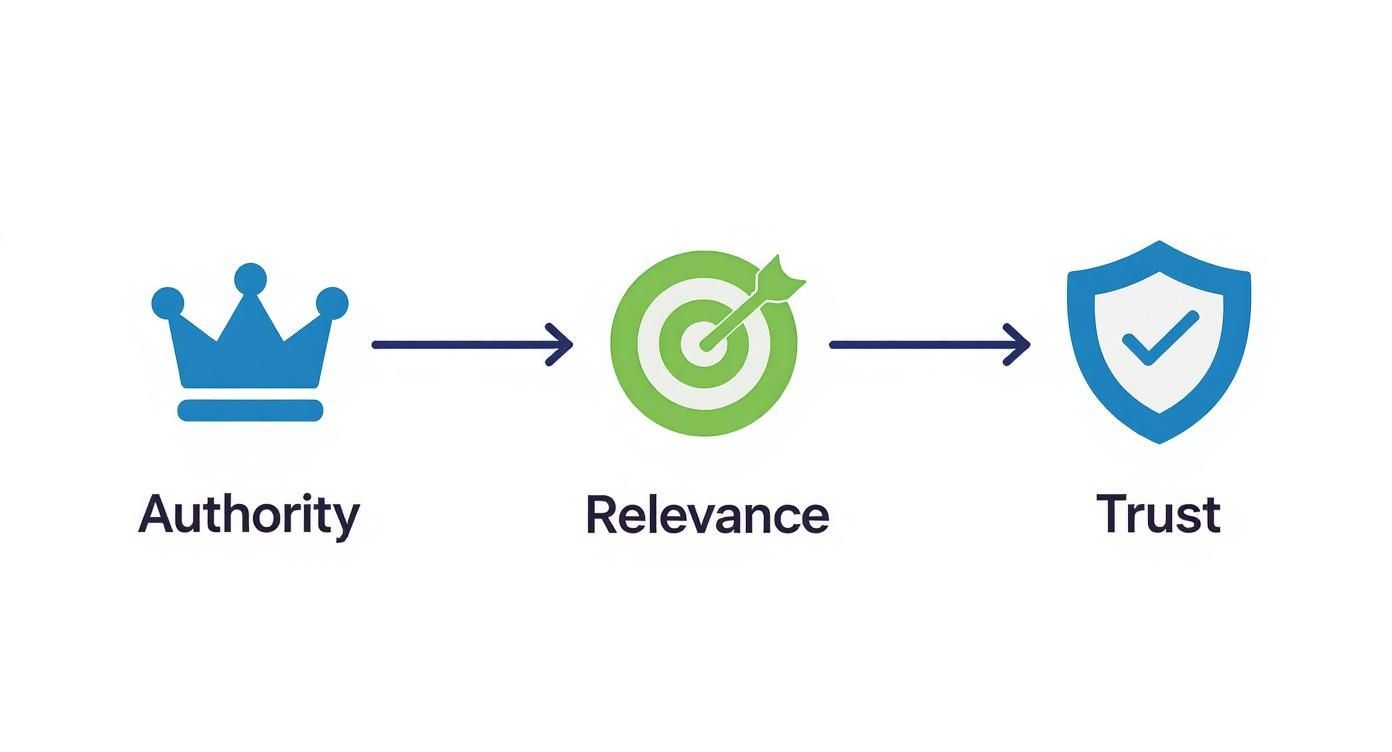 Diagram showing a conceptual flow from Authority (crown) to Relevance (target) and finally to Trust (shield).