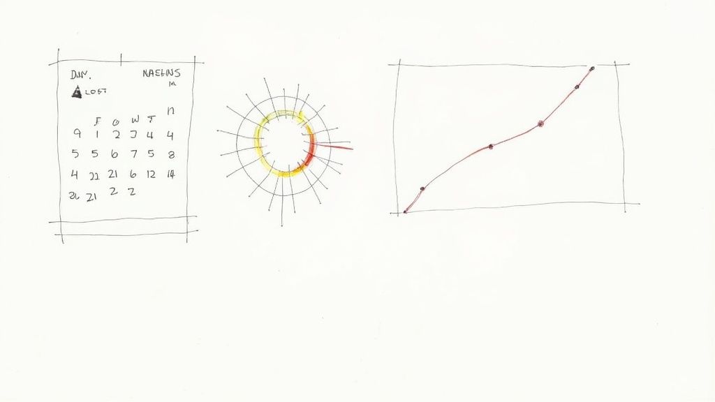 A sketch showing three hand-drawn data visualizations: a calendar, a radial chart, and an upward line graph.