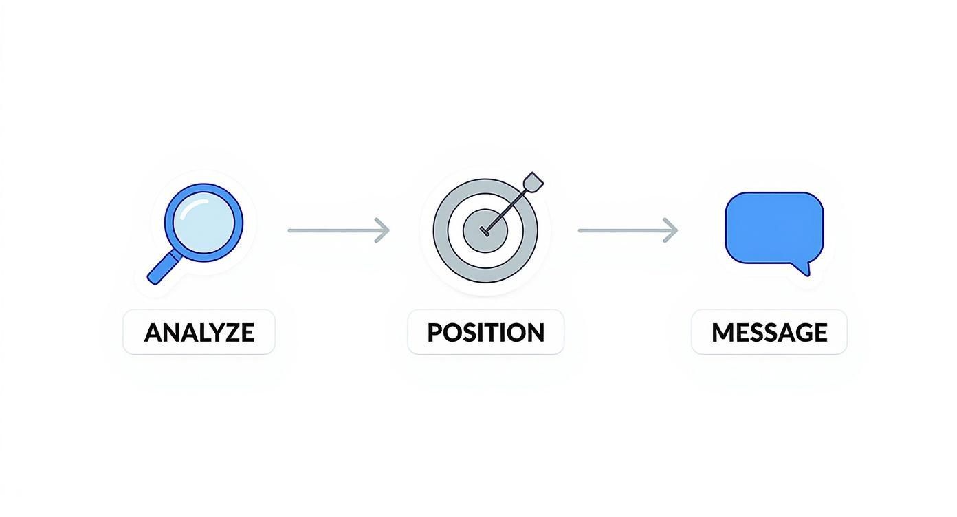 Infographic showing the product marketing process flow from analysis to positioning to messaging.