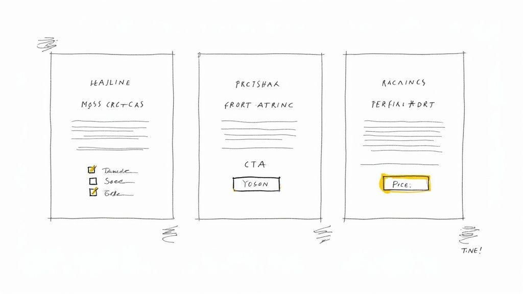 An image showing a magnifying glass over various digital ad elements like headlines and call-to-action buttons.