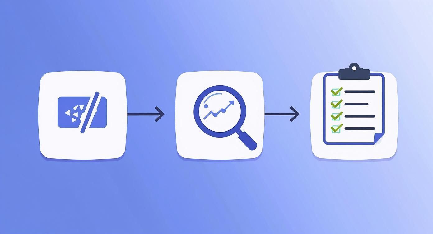 Three-step SEO workflow showing broken code analysis, growth trend research, and completed checklist results