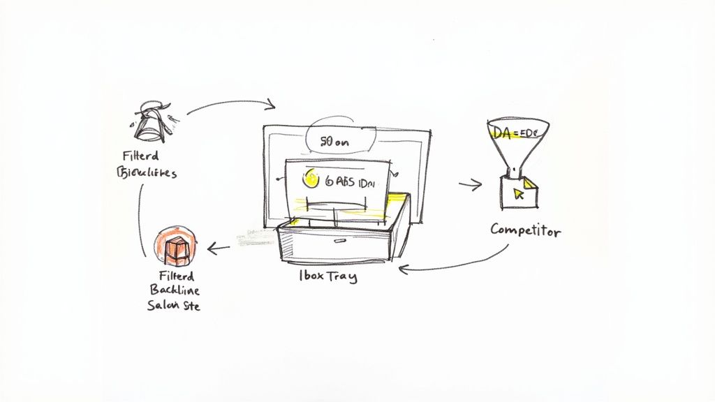 Hand-drawn diagram showing SEO competitor backlink analysis workflow with inbox tray and filtering process