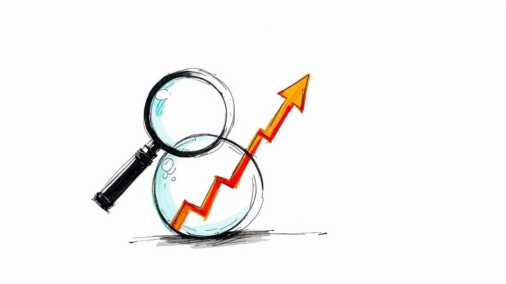 A magnifying glass focusing on a rising trend line on a digital graph, symbolizing the predictive power of search data.