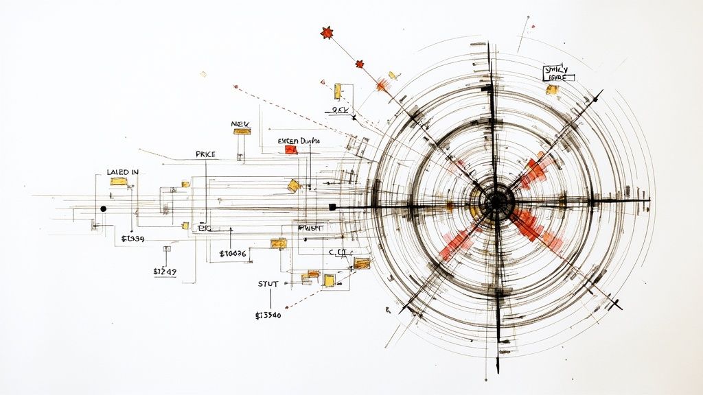 A magnifying glass hovering over a digital price tag, symbolizing the detailed analysis involved in retailer price monitoring.
