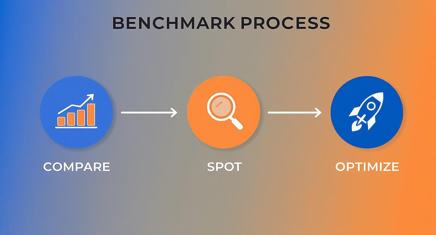 Three step benchmark process infographic showing compare analyze and optimize stages with arrows