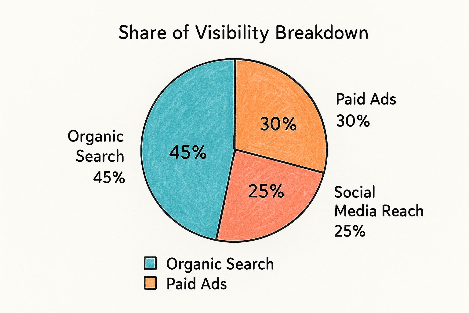 Infographic showing a pie chart titled ‘Share of Visibility Breakdown’ with three slices: Organic Search (45%), Paid Ads (30%), and Social Media Reach (25%).
