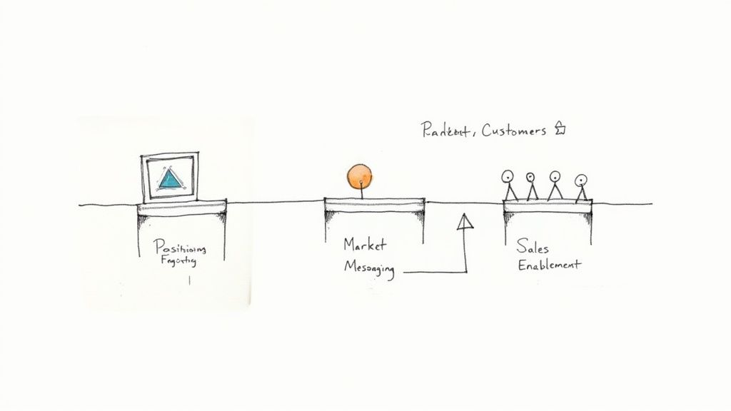 A team collaborating on a product marketing strategy on a whiteboard.