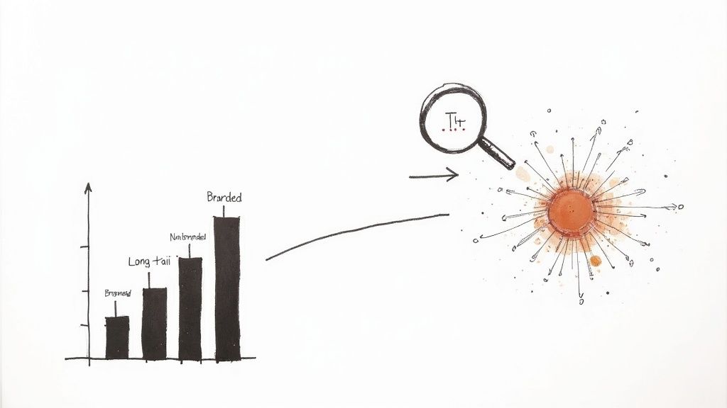 A visual representation of keyword research and competitor analysis, showing data points and connections.