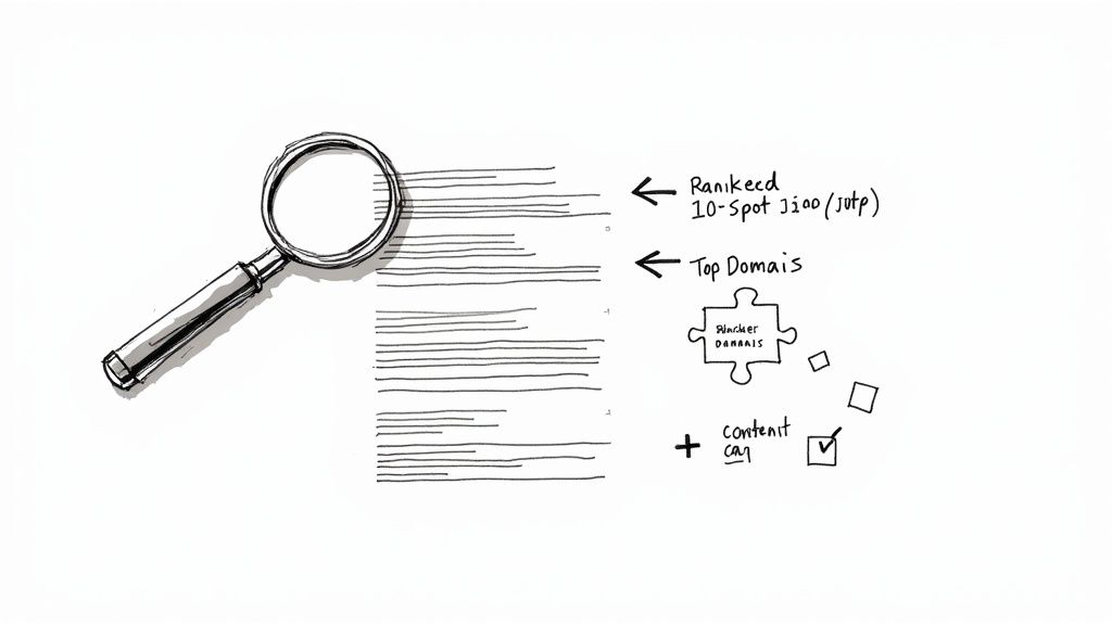 Magnifying glass over a graph showing competitor rankings