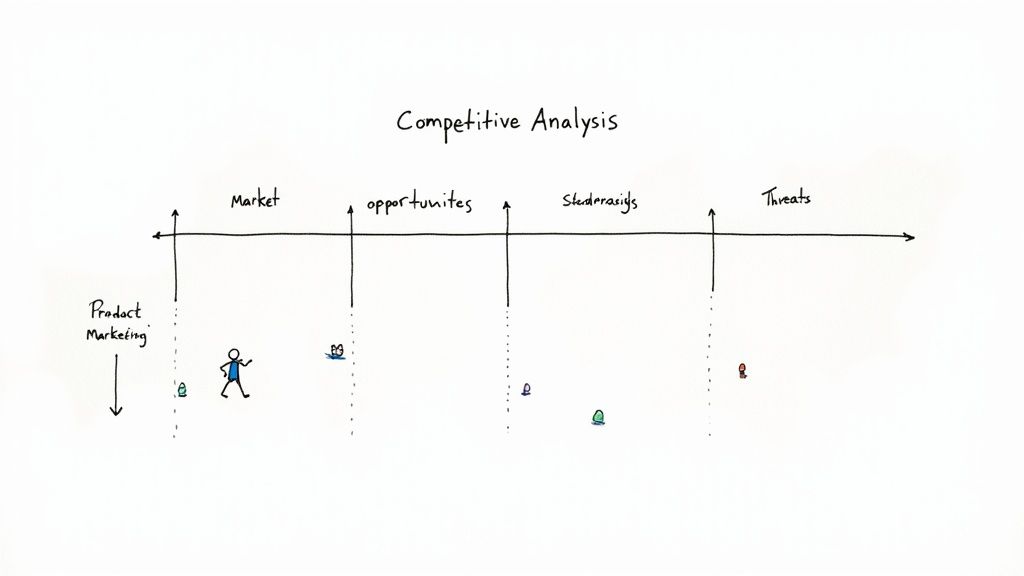 Hand-drawn competitive analysis diagram illustrating market, opportunities, adversities, and threats for product marketing.
