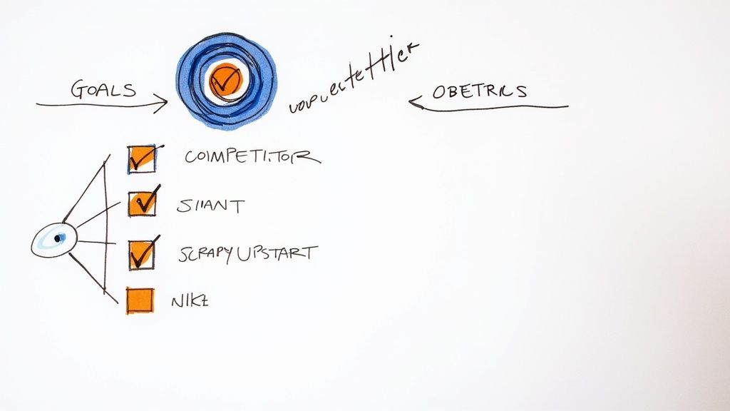 Hand-drawn diagram showing goals and objectives with competitor analysis, SMART criteria, and strategic planning checklist