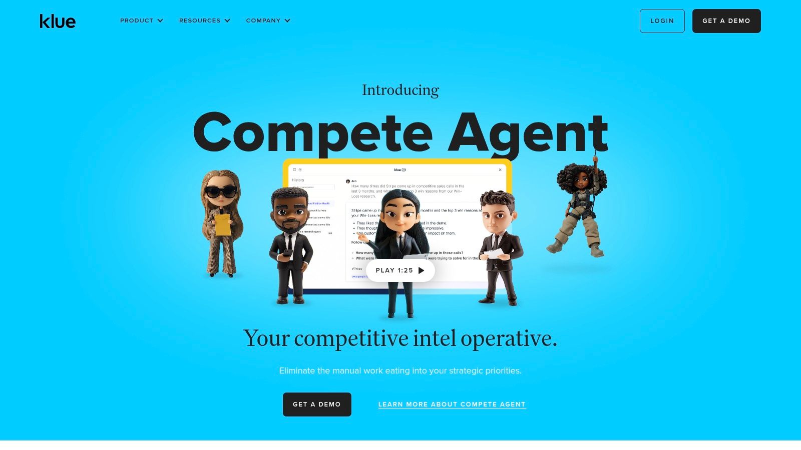 Klue dashboard showing competitor updates and battlecards