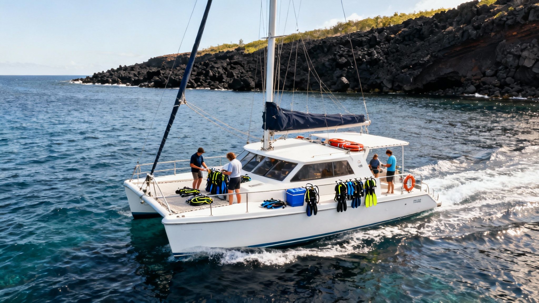 Catamaran boat with divers and snorkel gear explores a rugged, volcanic coast in clear blue water.