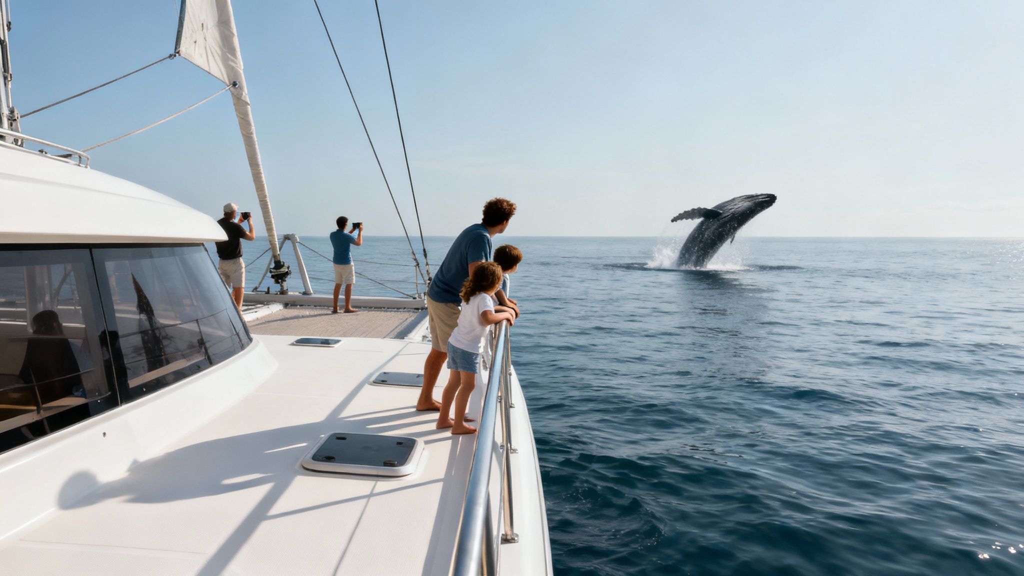A humpback whale's tail fluke emerges from the water against a scenic Big Island backdrop.