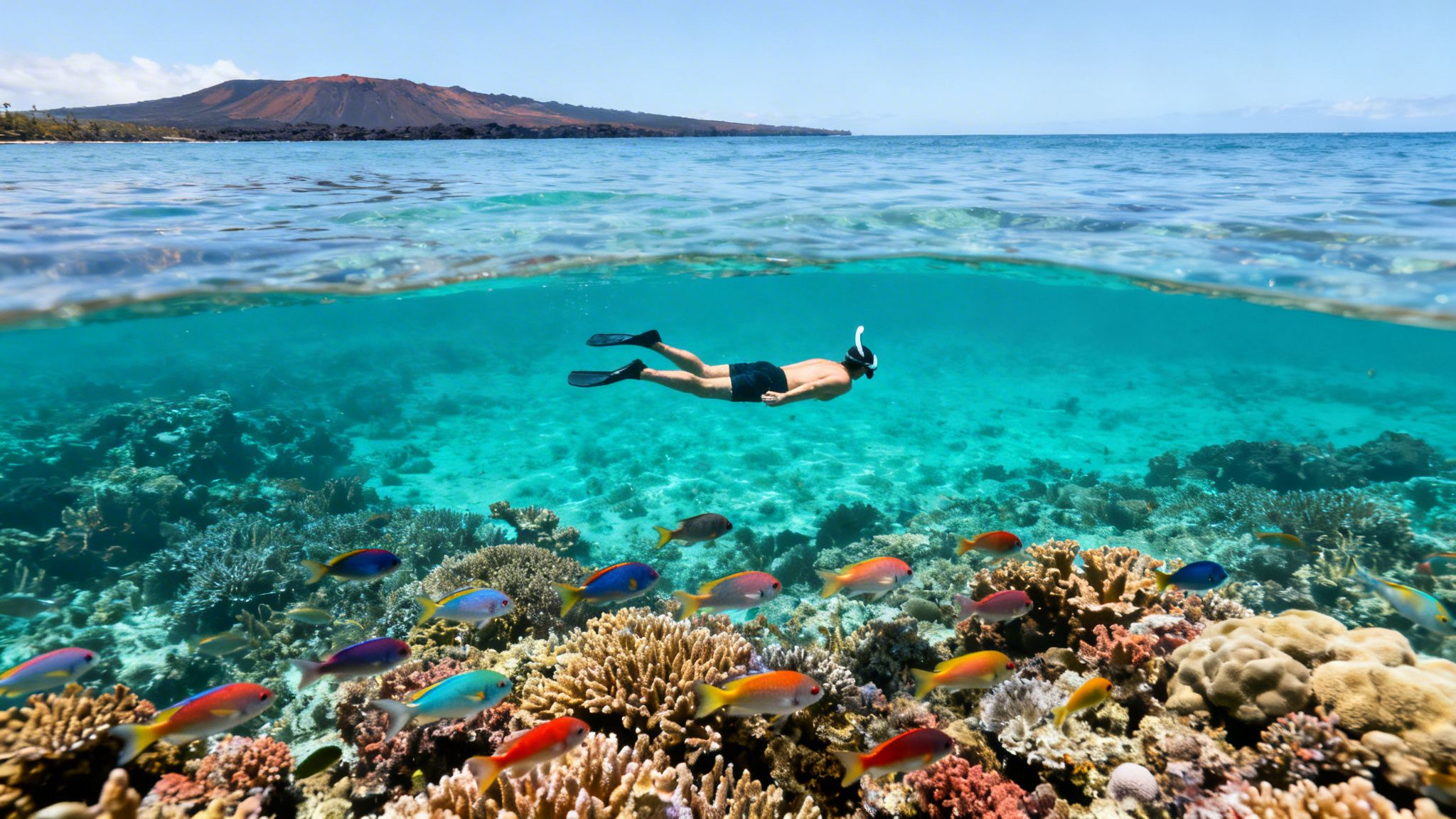 Man snorkeling over a vibrant coral reef with colorful fish, clear water, and a volcanic island.