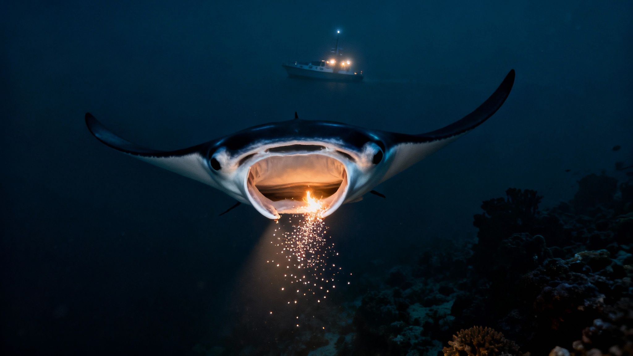 A majestic manta ray with its mouth open glows brightly, feeding on plankton at night, with a boat illuminated on the surface.