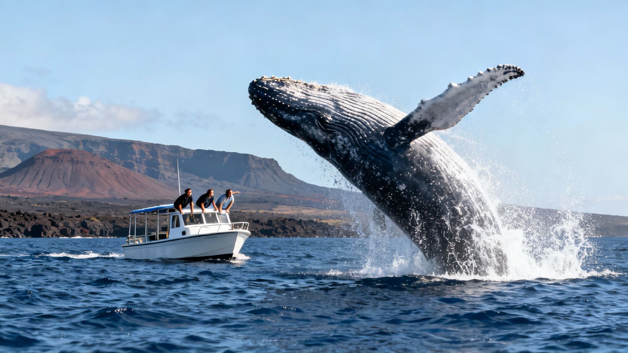 Three people on a boat watch a massive humpback whale spectacularly breach from the ocean.