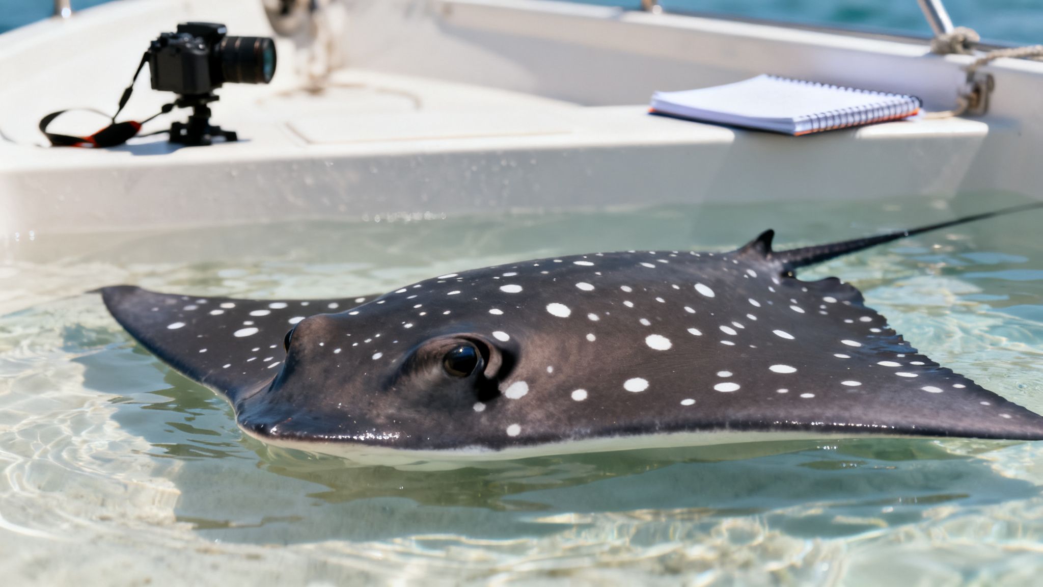 A black and white spotted stingray swims in clear shallow water next to a white boat.