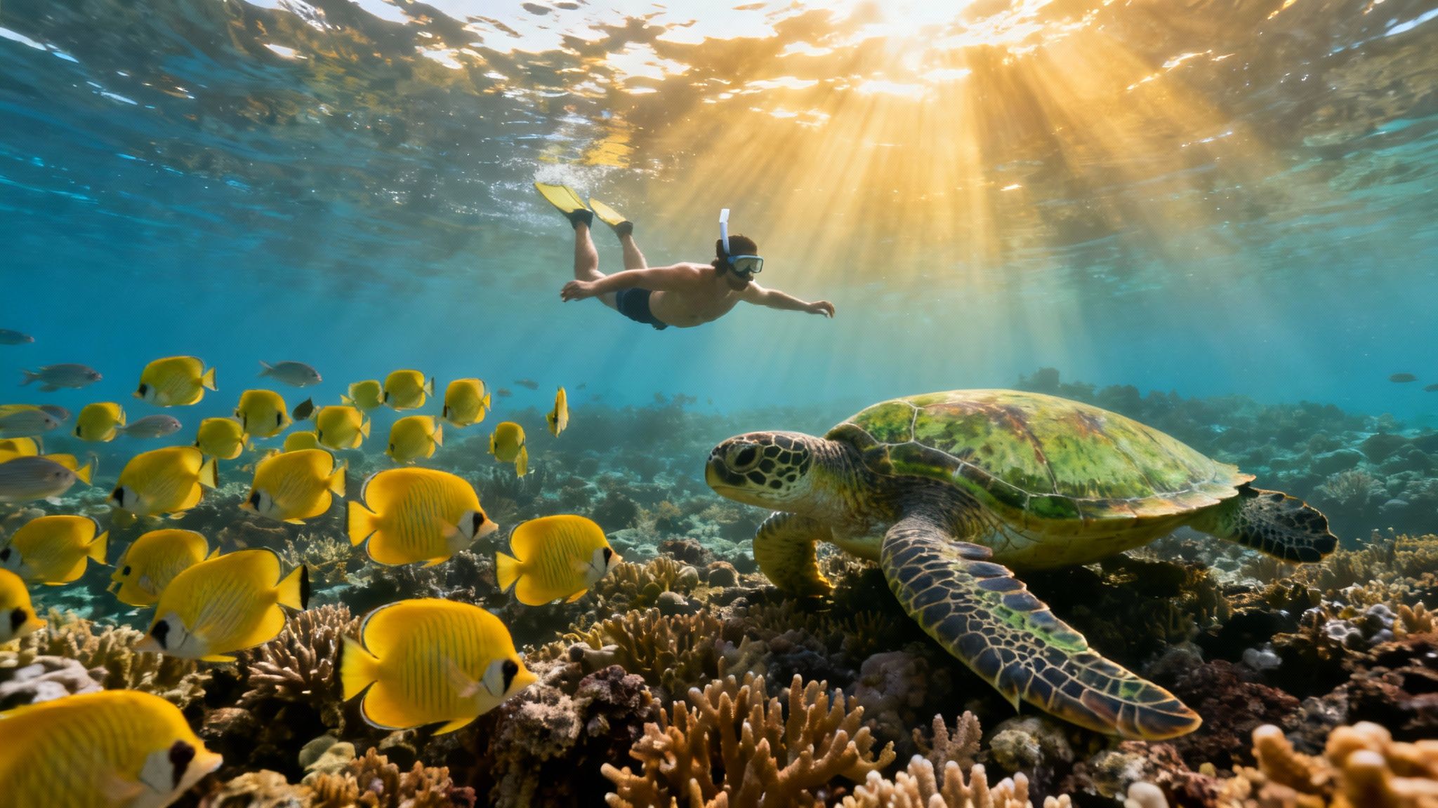 A man snorkeling near a sea turtle and yellow fish over a vibrant coral reef, with sun rays.
