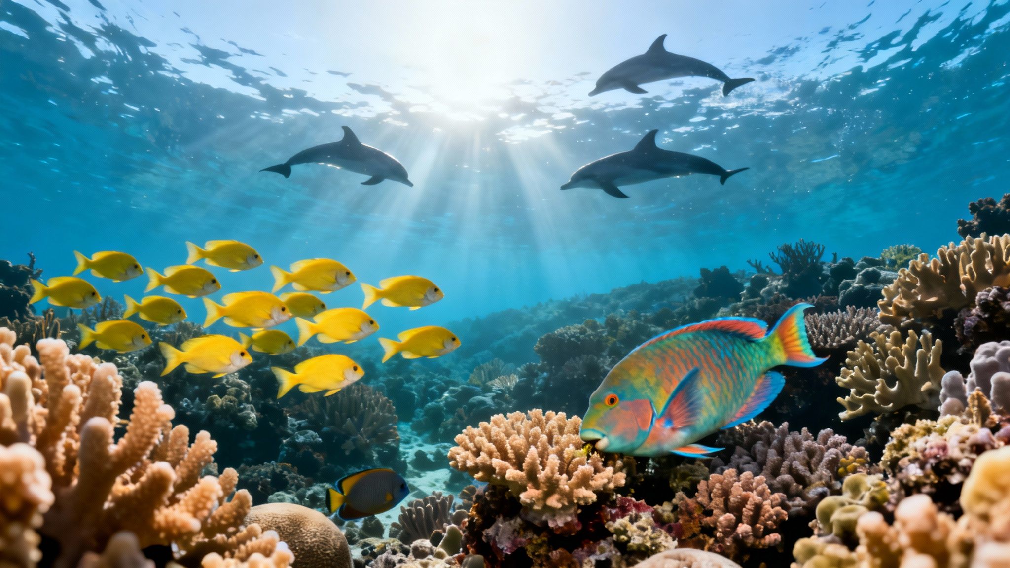 Vibrant underwater scene with dolphins, a school of yellow fish, and colorful coral reef bathed in sun rays.
