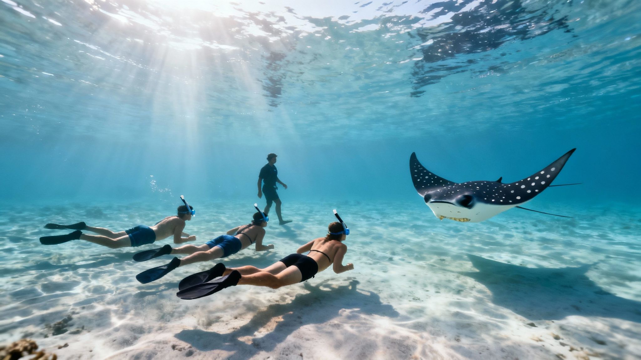 Snorkelers and a guide swim alongside a beautiful spotted eagle ray in clear blue ocean.