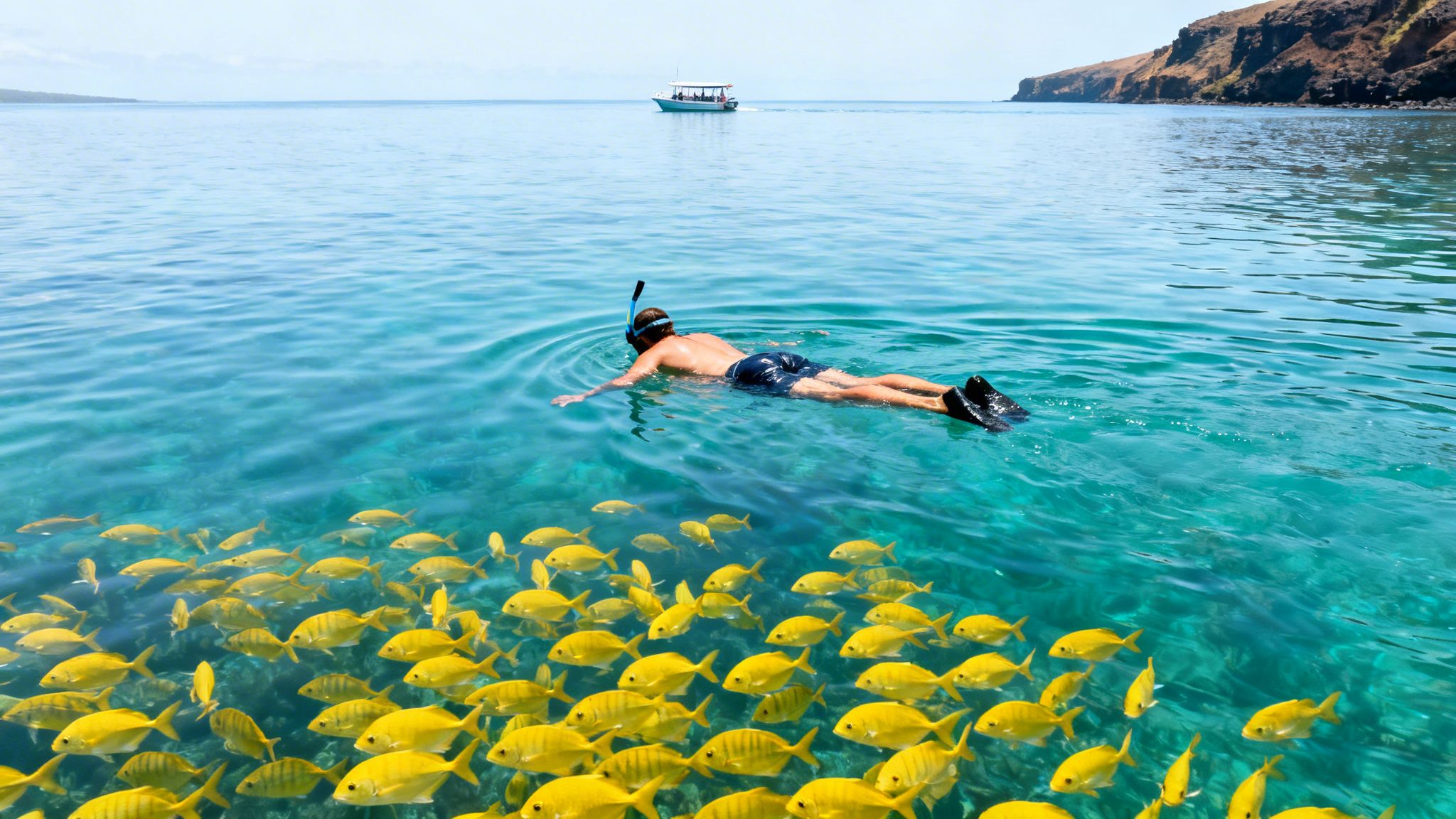 A snorkeler in clear blue water surrounded by a school of vibrant yellow fish, with a boat and coastline in the background.