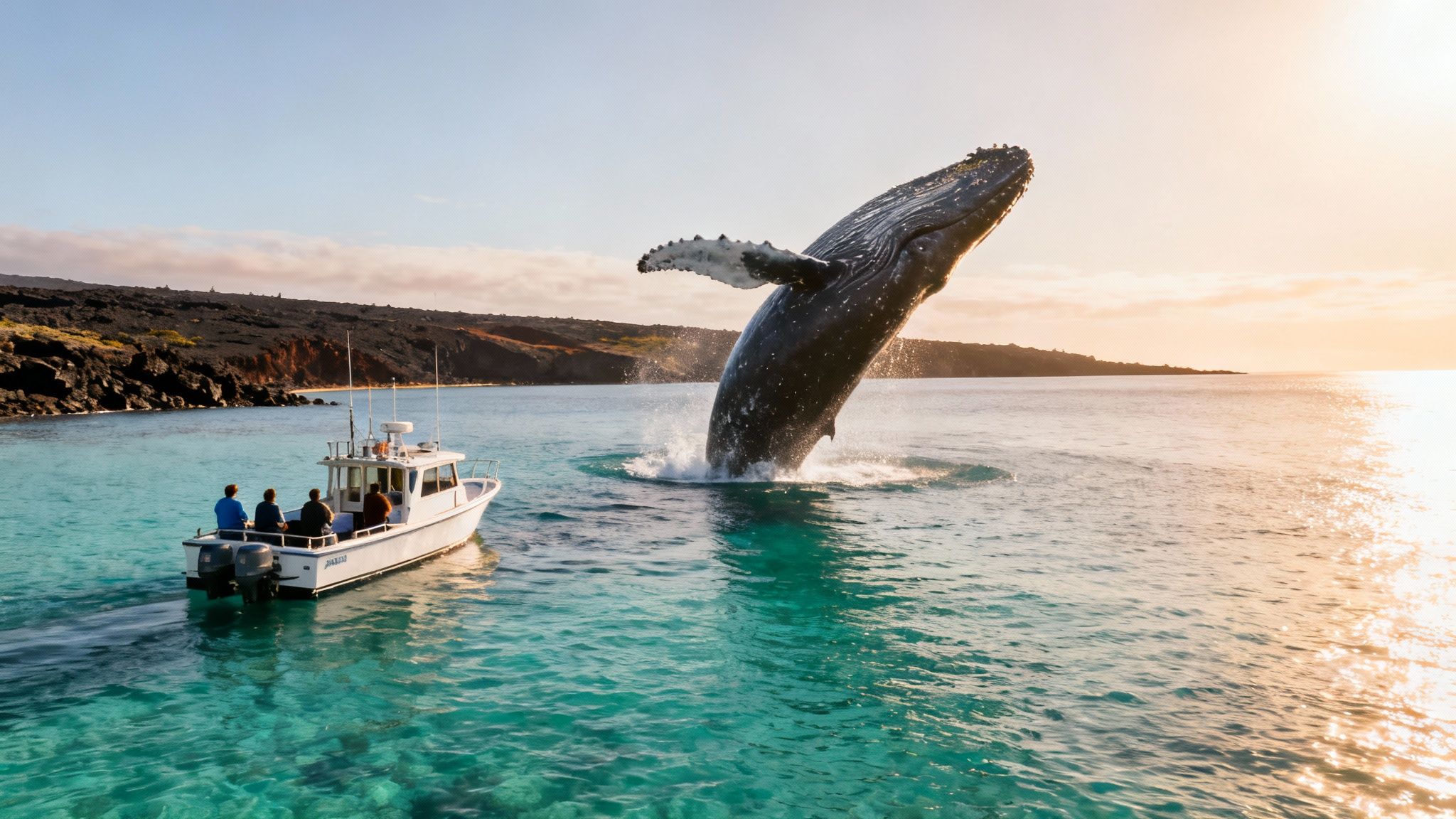A boat of people watches a large humpback whale breach out of the clear blue ocean at sunset.