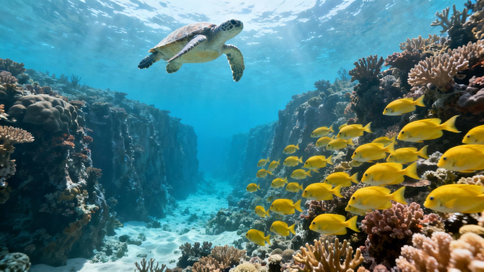 Colorful tropical fish swimming over a coral reef in Kealakekua Bay