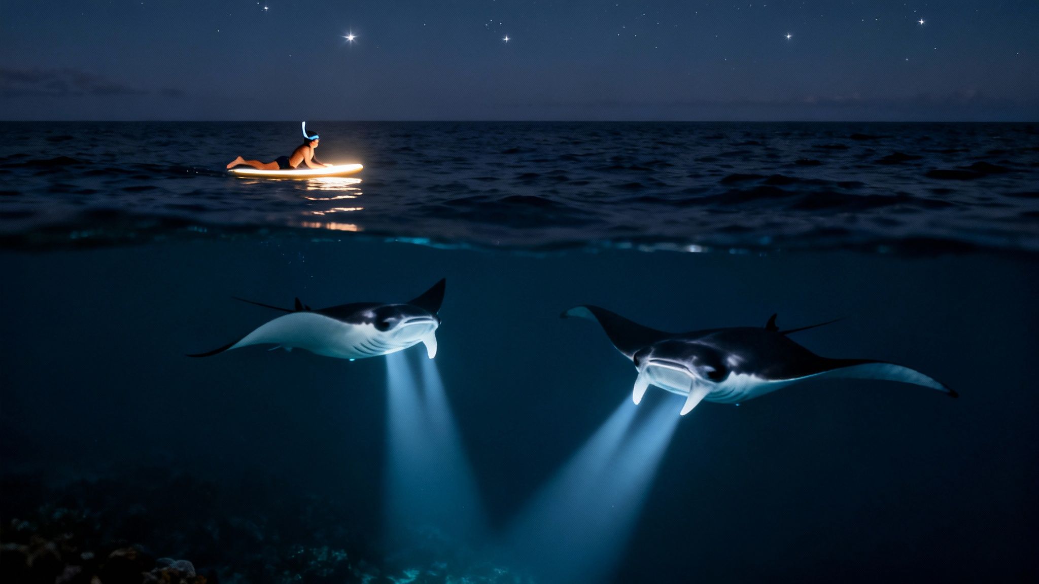 A snorkeler on a lighted paddleboard observes two majestic manta rays glowing underwater at night.
