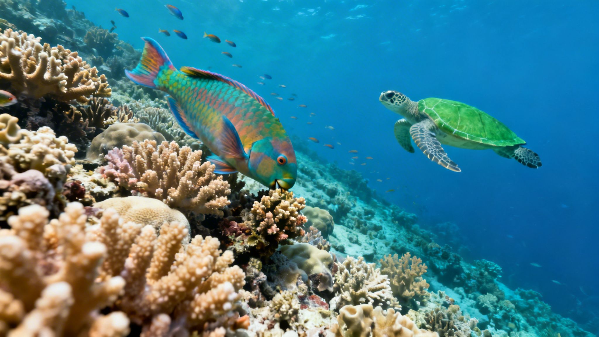 A vibrant parrotfish swimming near a coral reef with a green sea turtle in blue ocean water.
