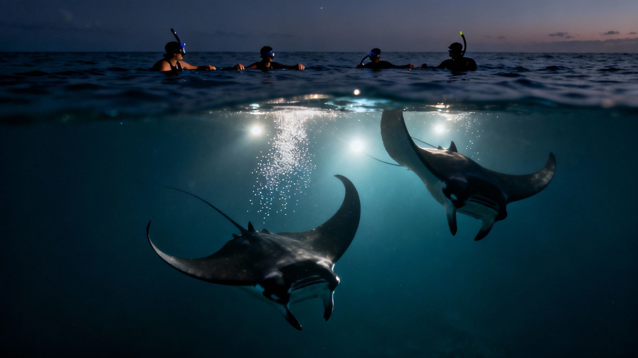 A giant manta ray gracefully swims under a snorkeler at night, illuminated by underwater lights.