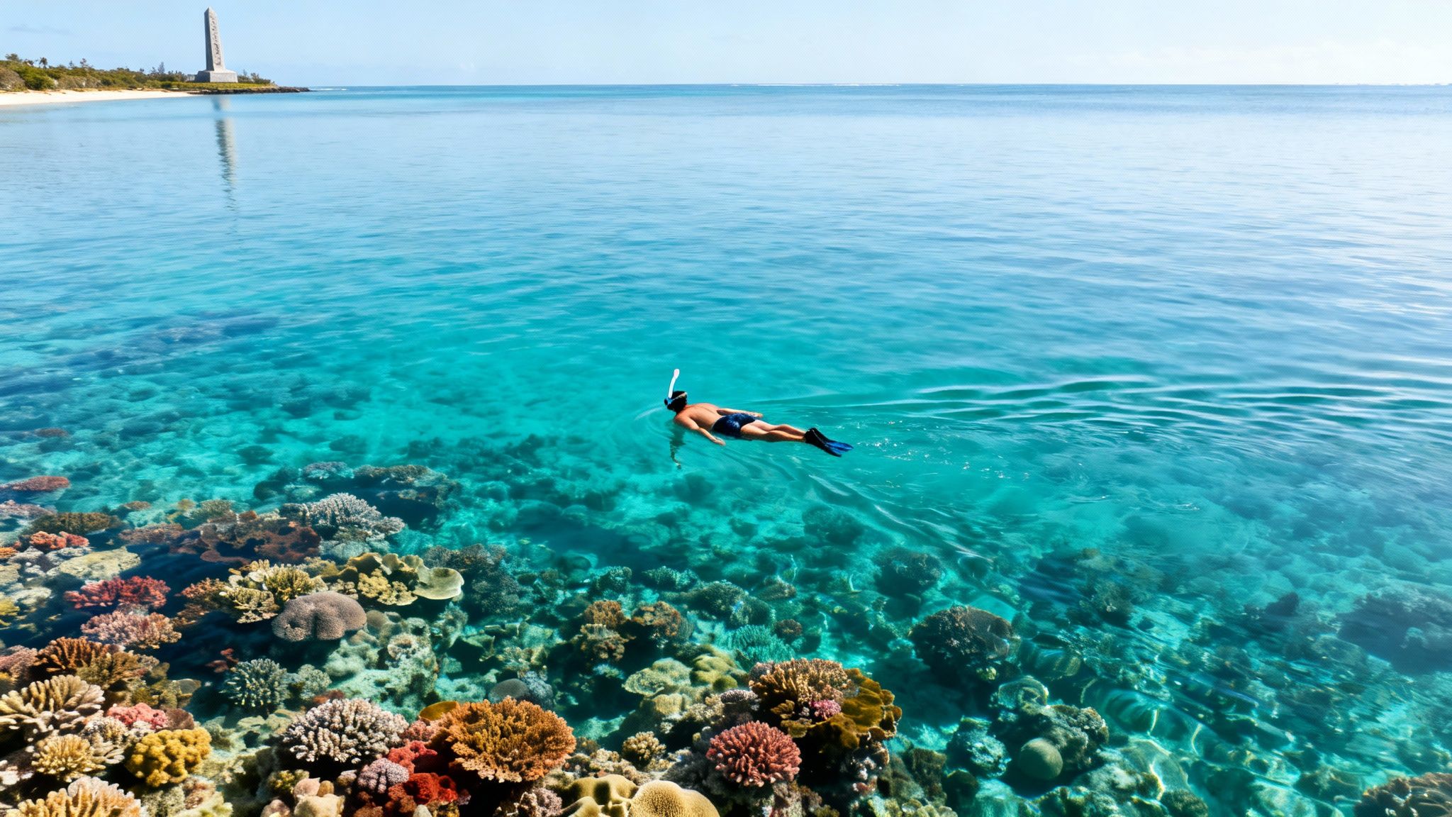 A person snorkeling over a vibrant coral reef in clear blue tropical waters with a monument on a distant shore.