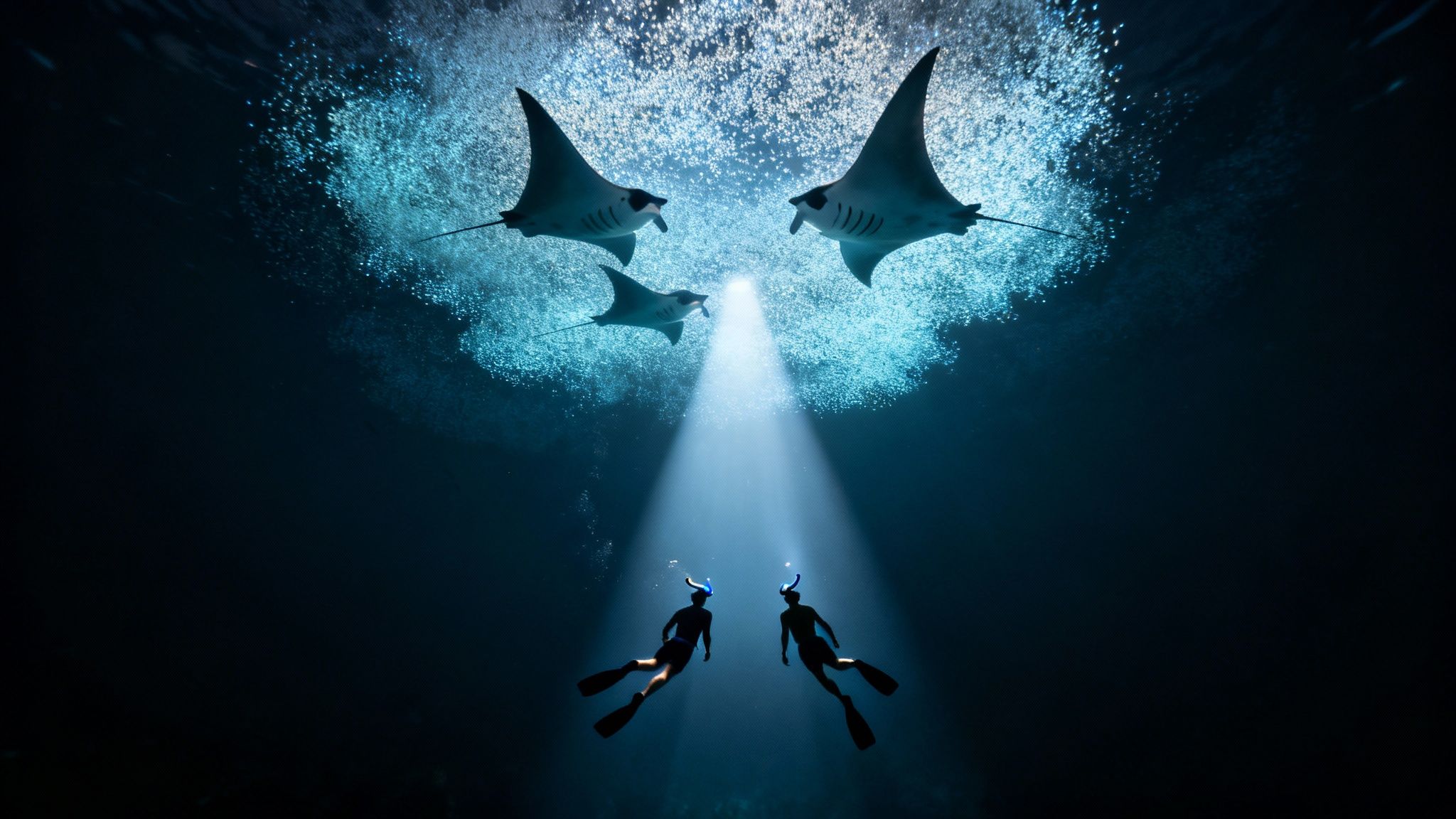 Underwater scene with two snorkelers observing three majestic manta rays and sunlight.