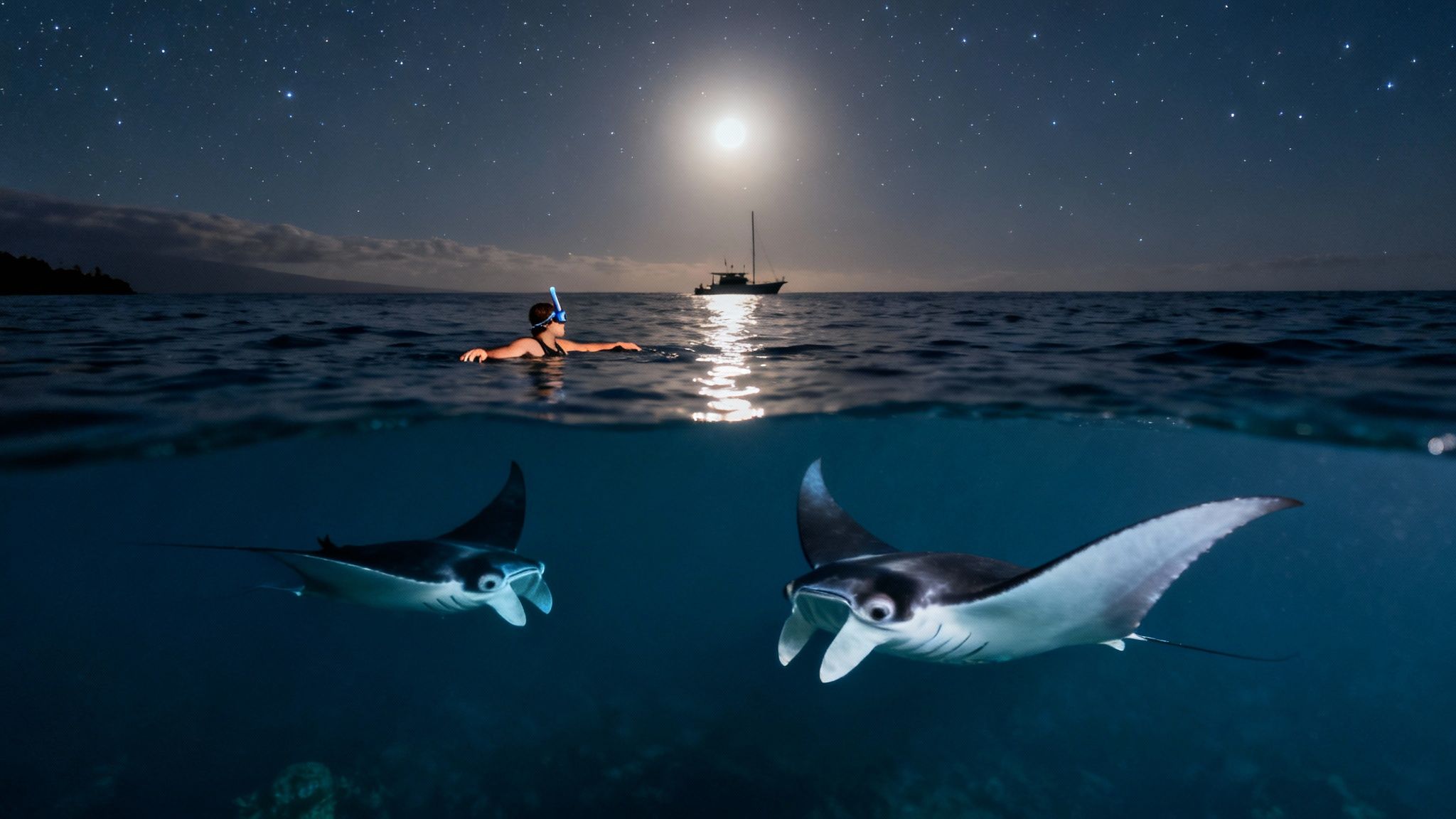 A person snorkels at night with two manta rays under a starry sky and bright moon.