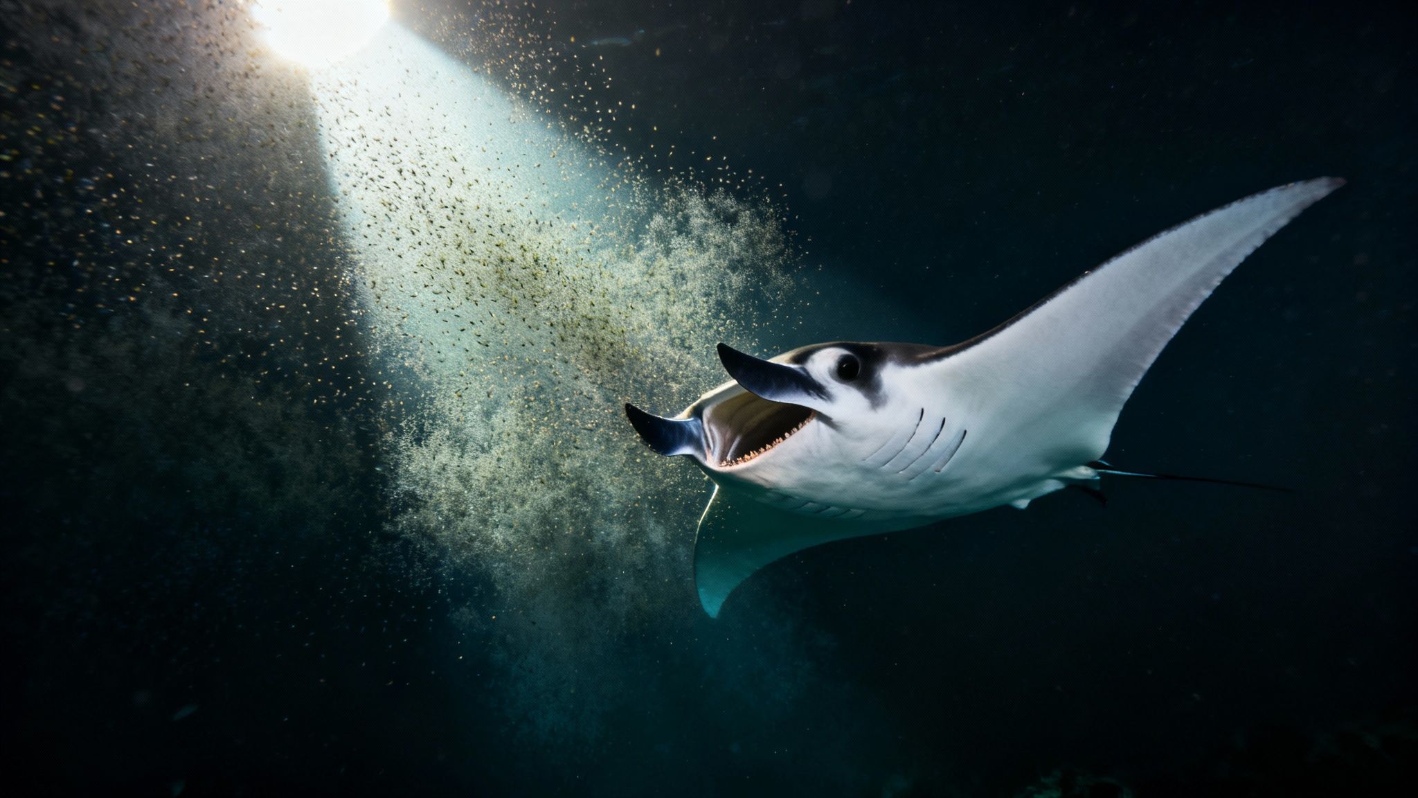 A majestic manta ray swims with its mouth open, feeding on plankton illuminated by light.