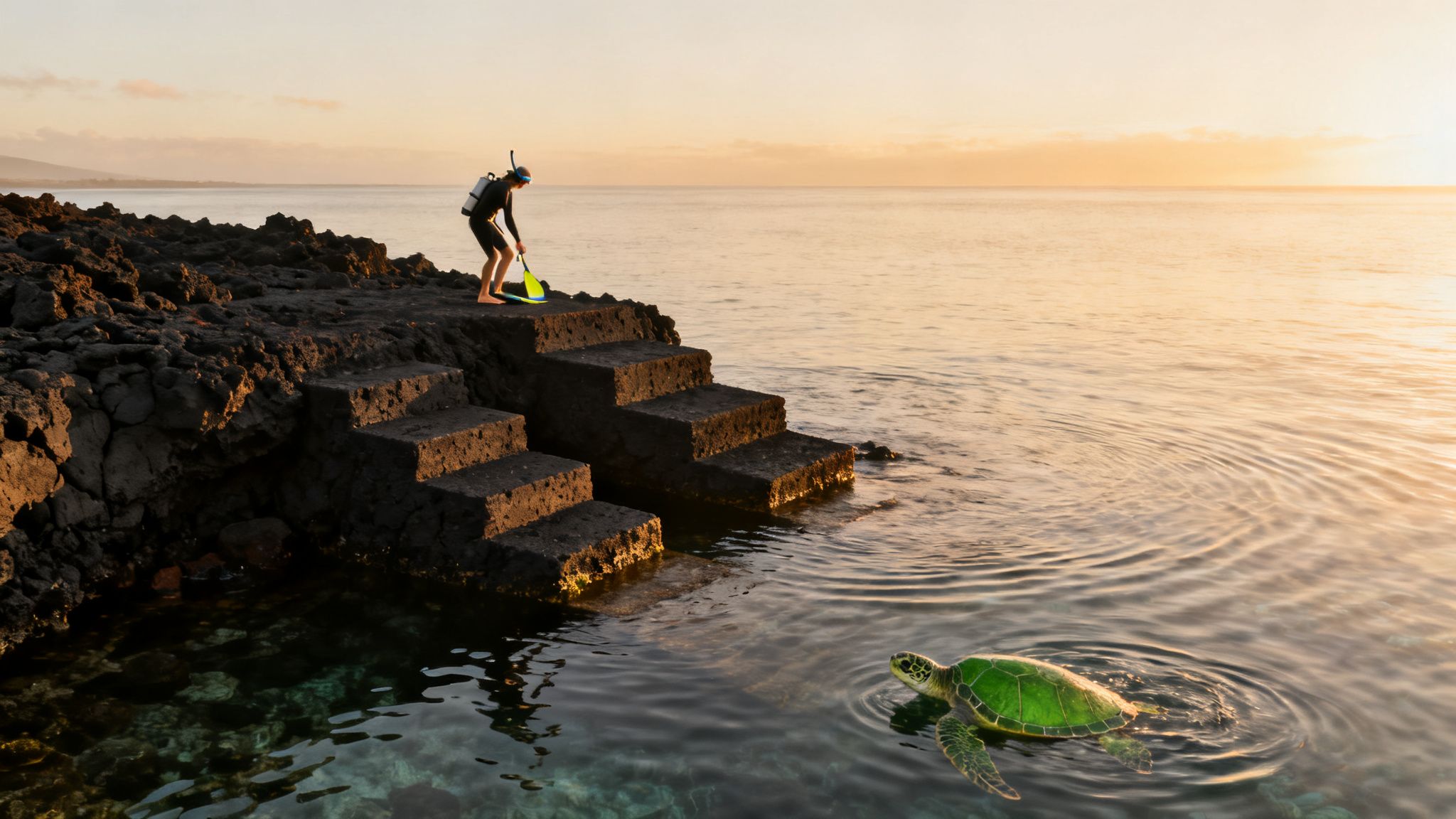 A snorkeler on lava rock steps watches a green sea turtle swimming in the ocean at sunset.